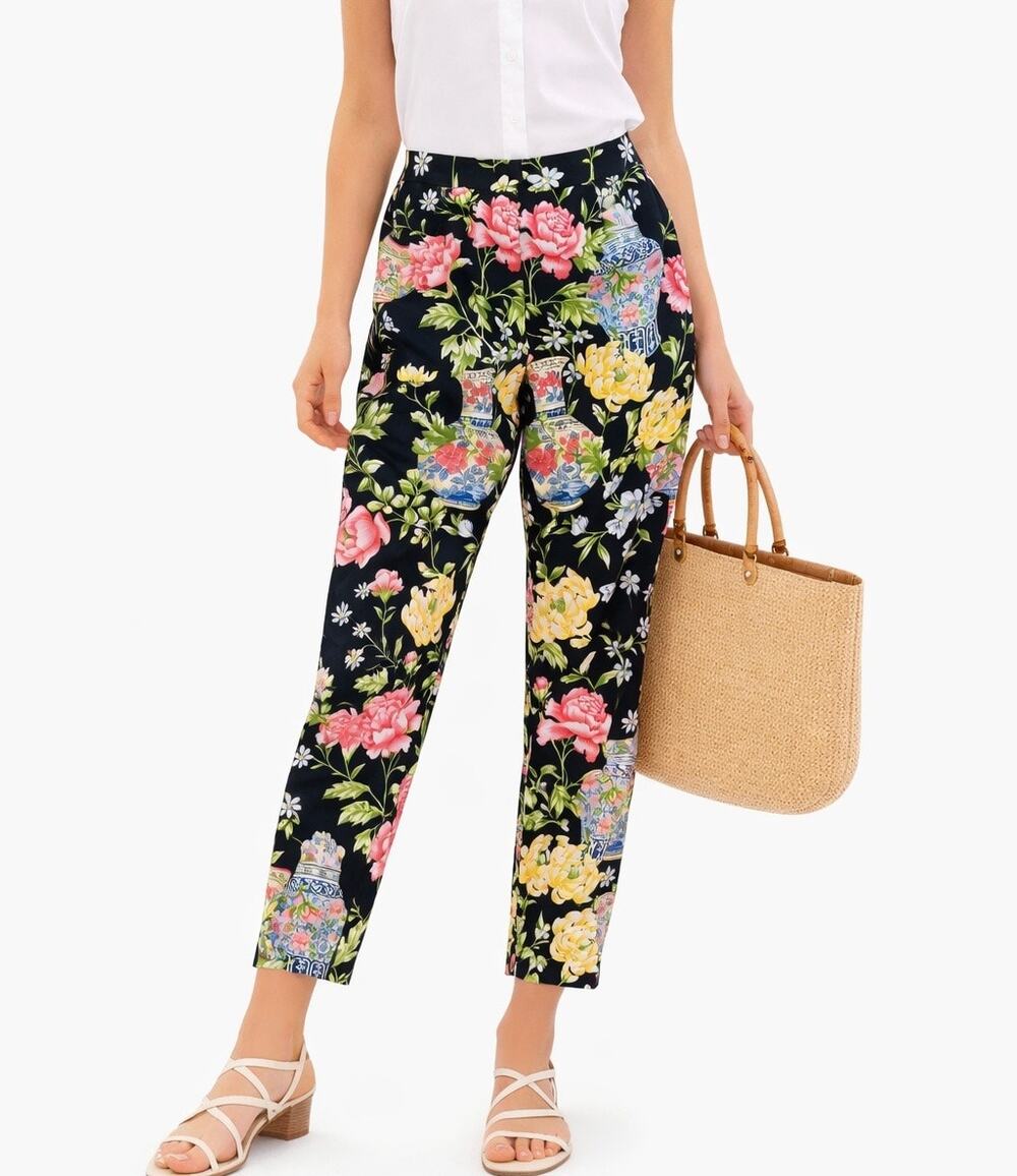 Vintage Talbots Floral Vase Print Straight Leg Pants Cottagecore Size 6
